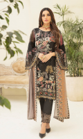 Embroidered chiffon front with sequence Embroidered chiffon back Embroidered chiffon sleeves Embroidered organza lace with pasting Embroidered organza ghera lace Embroidered chiffon dupatta – 2.50 Meter Raw Silk trouser – 2.5 Meter Embroidered organza trouser lace