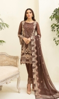 Embroidered chiffon front with sequence Embroidered chiffon back Embroidered chiffon sleeves Embroidered organza lace Embroidered organza ghera lace Embroidered chiffon dupatta – 2.50 Meter Raw Silk trouser – 2.5 Meter Embroidered organza trouser lace