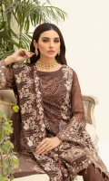 Embroidered chiffon front with sequence Embroidered chiffon back Embroidered chiffon sleeves Embroidered organza lace Embroidered organza ghera lace Embroidered chiffon dupatta – 2.50 Meter Raw Silk trouser – 2.5 Meter Embroidered organza trouser lace