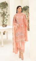 Embroidered chiffon front with sequence Embroidered chiffon back Embroidered chiffon sleeves Embroidered tissue lace Embroidered tissue ghera lace Embroidered chiffon dupatta – 2.50 Meter Raw Silk trouser – 2.5 Meter