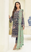 Embroidered chiffon front with sequence Embroidered chiffon back Embroidered chiffon sleeves Embroidered organza lace Embroidered organza ghera lace Embroidered chiffon dupatta – 2.50 Meter Raw Silk trouser – 2.5 Meter Embroidered organza trouser lace