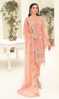 Embroidered chiffon front with sequence Embroidered chiffon back Embroidered chiffon sleeves Embroidered tissue lace Embroidered tissue ghera lace Embroidered chiffon dupatta – 2.50 Meter Raw Silk trouser – 2.5 Meter
