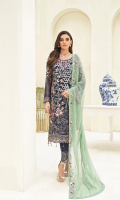 Embroidered chiffon front with sequence Embroidered chiffon back Embroidered chiffon sleeves Embroidered organza lace Embroidered organza ghera lace Embroidered chiffon dupatta – 2.50 Meter Raw Silk trouser – 2.5 Meter Embroidered organza trouser lace