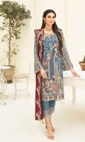 Embroidered chiffon front with sequence Embroidered chiffon back Embroidered chiffon sleeves Embroidered tissue lace Embroidered tissue ghera lace Embroidered chiffon dupatta – 2.50 Meter Raw Silk trouser – 2.5 Meter Embroidered tissue trouser lace