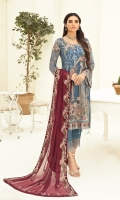Embroidered chiffon front with sequence Embroidered chiffon back Embroidered chiffon sleeves Embroidered tissue lace Embroidered tissue ghera lace Embroidered chiffon dupatta – 2.50 Meter Raw Silk trouser – 2.5 Meter Embroidered tissue trouser lace