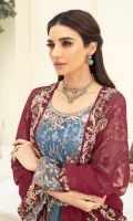 Embroidered chiffon front with sequence Embroidered chiffon back Embroidered chiffon sleeves Embroidered tissue lace Embroidered tissue ghera lace Embroidered chiffon dupatta – 2.50 Meter Raw Silk trouser – 2.5 Meter Embroidered tissue trouser lace