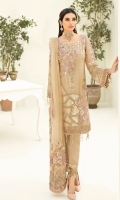 Embroidered chiffon front with sequence Embroidered chiffon back Embroidered chiffon sleeves Embroidered tissue lace with pasting Embroidered tissue ghera lace Embroidered net dupatta – 2.50 Meter Raw Silk trouser – 2.5 Meter Embroidered tissue trouser lace