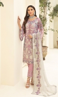 Embroidered chiffon front with sequence Embroidered chiffon back Embroidered chiffon sleeves Embroidered tissue lace with pasting Embroidered tissue ghera lace Embroidered chiffon dupatta – 2.50 Meter Raw Silk trouser – 2.5 Meter Embroidered tissue trouser lace