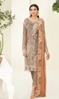 Embroidered chiffon front with sequence Embroidered chiffon back Embroidered chiffon sleeves Embroidered tissue lace Embroidered tissue ghera lace Embroidered chiffon dupatta – 2.50 Meter Raw Silk trouser – 2.5 Meter Embroidered tissue trouser lace