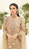 Embroidered chiffon front with sequence Embroidered chiffon back Embroidered chiffon sleeves Embroidered tissue lace with pasting Embroidered tissue ghera lace Embroidered net dupatta – 2.50 Meter Raw Silk trouser – 2.5 Meter Embroidered tissue trouser lace
