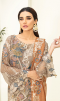 Embroidered chiffon front with sequence Embroidered chiffon back Embroidered chiffon sleeves Embroidered tissue lace Embroidered tissue ghera lace Embroidered chiffon dupatta – 2.50 Meter Raw Silk trouser – 2.5 Meter Embroidered tissue trouser lace
