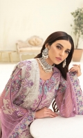 Embroidered chiffon front with sequence Embroidered chiffon back Embroidered chiffon sleeves Embroidered tissue lace with pasting Embroidered tissue ghera lace Embroidered chiffon dupatta – 2.50 Meter Raw Silk trouser – 2.5 Meter Embroidered tissue trouser lace