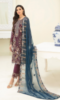 Embroidered chiffon front with sequence Embroidered chiffon back Embroidered chiffon sleeves Embroidered organza lace with pasting Embroidered organza ghera lace Embroidered chiffon dupatta – 2.50 Meter Raw Silk trouser – 2.5 Meter Embroidered organza trouser lace