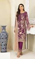 Embroidered chiffon front with sequence Embroidered chiffon back Embroidered chiffon sleeves Embroidered organza lace Embroidered organza ghera lace Embroidered chiffon dupatta – 2.50 Meter Raw Silk trouser – 2.5 Meter Embroidered organza trouser lace