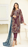 Embroidered chiffon front with sequence Embroidered chiffon back Embroidered chiffon sleeves Embroidered organza lace with pasting Embroidered organza ghera lace Embroidered chiffon dupatta – 2.50 Meter Raw Silk trouser – 2.5 Meter Embroidered organza trouser lace