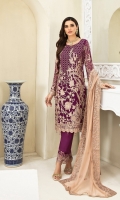 Embroidered chiffon front with sequence Embroidered chiffon back Embroidered chiffon sleeves Embroidered organza lace Embroidered organza ghera lace Embroidered chiffon dupatta – 2.50 Meter Raw Silk trouser – 2.5 Meter Embroidered organza trouser lace