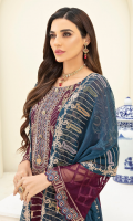 Embroidered chiffon front with sequence Embroidered chiffon back Embroidered chiffon sleeves Embroidered organza lace with pasting Embroidered organza ghera lace Embroidered chiffon dupatta – 2.50 Meter Raw Silk trouser – 2.5 Meter Embroidered organza trouser lace