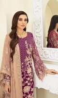 Embroidered chiffon front with sequence Embroidered chiffon back Embroidered chiffon sleeves Embroidered organza lace Embroidered organza ghera lace Embroidered chiffon dupatta – 2.50 Meter Raw Silk trouser – 2.5 Meter Embroidered organza trouser lace