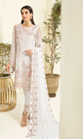 Embroidered chiffon front with sequence Embroidered chiffon back Embroidered chiffon sleeves Embroidered organza lace with pasting Embroidered organza ghera lace Embroidered chiffon dupatta – 2.50 Meter Raw Silk trouser – 2.5 Meter Embroidered organza trouser lace
