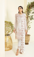 Embroidered chiffon front with sequence Embroidered chiffon back Embroidered chiffon sleeves Embroidered organza lace with pasting Embroidered organza ghera lace Embroidered chiffon dupatta – 2.50 Meter Raw Silk trouser – 2.5 Meter Embroidered organza trouser lace