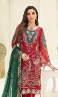 Embroidered chiffon front with sequence Embroidered chiffon back Embroidered chiffon sleeves Embroidered organza lace with pasting Embroidered organza ghera lace Embroidered chiffon dupatta – 2.50 Meter Raw Silk trouser – 2.5 Meter Embroidered organza trouser lace