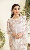 Embroidered chiffon front with sequence Embroidered chiffon back Embroidered chiffon sleeves Embroidered organza lace with pasting Embroidered organza ghera lace Embroidered chiffon dupatta – 2.50 Meter Raw Silk trouser – 2.5 Meter Embroidered organza trouser lace