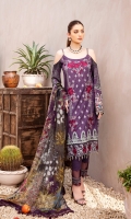 Digital printed shirt 3 meter  Embroidered front  Embroidered lace for daman  Digital printed bambar chiffon dupatta 2.5 meter  Embroidered lace for trouser  Dyed trouser 2.5 meter