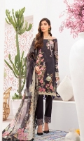 Digital printed shirt 3 meter  Embroidered patches for front  Embroidered patches for sleeves  Embroidered lace for sleeves  Digital printed bambar chiffon dupatta 2.5 meter  Embroidered lace for trouser   Dyed trouser 2.5 meter