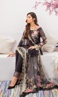 Digital printed shirt 3 meter  Embroidered patches for front  Embroidered patches for sleeves  Embroidered lace for sleeves  Digital printed bambar chiffon dupatta 2.5 meter  Embroidered lace for trouser   Dyed trouser 2.5 meter