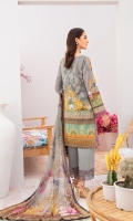 Digital printed shirt 3 meter  Embroidered front  Embroidered patch for neckline  Embroidered lace for sleeves  Digital printed bambar chiffon dupatta 2.5 meter  Embroidered lace for trouser   Dyed trouser 2.5 meter