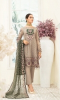Embroidered Chiffon front with sequins– 30 inch  Embroidered Chiffon back – 30 inch Embroidered Chiffon sleeves  Embroidered tissue sleeves lace with pasting Embroidered tissue ghera lace Embroidered Net dupatta – 2.50 Meter  Raw silk trouser – 2.5 Meter  Embroidered tissue trouser lace