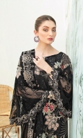  Embroidered Chiffon front with sequins– 30 inch Embroidered Chiffon back – 30 inch Embroidered Chiffon sleeves Embroidered tissue sleeves lace with  pasting Embroidered tissue ghera lace Embroidered Chiffon dupatta – 2.50 Meter Raw Silk trouser – 2.5 Meter  Embroidered tissue trouser lace