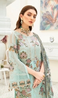Embroidered Chiffon front with sequins– 30 inch  Embroidered Chiffon back – 30 inch Embroidered Chiffon sleeves  Embroidered tissue sleeves lace with pasting Embroidered tissue ghera lace Digital Printed Chiffon  dupatta – 2.50 Meter  Raw silk trouser – 2.5 Meter  Embroidered tissue trouser lace