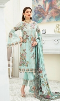 Embroidered Chiffon front with sequins– 30 inch  Embroidered Chiffon back – 30 inch Embroidered Chiffon sleeves  Embroidered tissue sleeves lace with pasting Embroidered tissue ghera lace Digital Printed Chiffon  dupatta – 2.50 Meter  Raw silk trouser – 2.5 Meter  Embroidered tissue trouser lace
