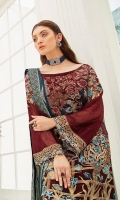 Embroidered Chiffon front with sequins– 30 inch  Embroidered Chiffon back – 30 inch Embroidered Chiffon sleeves  Embroidered net sleeves lace Embroidered net ghera lace Embroidered Jamawar dupatta – 2.50 Meter  Raw silk trouser – 2.5 Meter  Embroidered net trouser lace