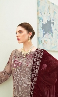 Embroidered Chiffon front with sequins– 30 inch  Embroidered Chiffon back – 30 inch Embroidered Chiffon sleeves  Embroidered tissue sleeves lace with pasting Embroidered tissue ghera lace Embroidered Chiffon dupatta – 2.50 Meter  Raw Silk trouser – 2.5 Meter  Embroidered tissue trouser lace
