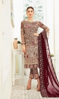 Embroidered Chiffon front with sequins– 30 inch  Embroidered Chiffon back – 30 inch Embroidered Chiffon sleeves  Embroidered tissue sleeves lace with pasting Embroidered tissue ghera lace Embroidered Chiffon dupatta – 2.50 Meter  Raw Silk trouser – 2.5 Meter  Embroidered tissue trouser lace