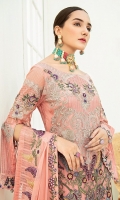 Embroidered Chiffon front with sequins – 30 inch Embroidered Chiffon back – 30 inch Embroidered Chiffon sleeves Embroidered tissue sleeves lace with pasting  Embroidered tissue ghera lace Embroidered Chiffon dupatta – 2.50 Meter Raw Silk trouser – 2.5 Meter  Embroidered tissue trouser lace