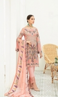 Embroidered Chiffon front with sequins – 30 inch Embroidered Chiffon back – 30 inch Embroidered Chiffon sleeves Embroidered tissue sleeves lace with pasting  Embroidered tissue ghera lace Embroidered Chiffon dupatta – 2.50 Meter Raw Silk trouser – 2.5 Meter  Embroidered tissue trouser lace