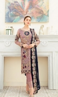 Embroidered Chiffon front with sequins– 30 inch  Embroidered Chiffon back – 30 inch Embroidered Chiffon sleeves  Embroidered tissue sleeves lace with pasting Embroidered tissue ghera lace Embroidered Chiffon dupatta – 2.50 Meter  Raw silk trouser – 2.5 Meter  Embroidered tissue trouser lace