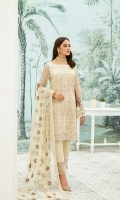 Embroidered Chiffon front with sequins– 30 inch  Embroidered Chiffon back – 30 inch Embroidered Chiffon sleeves  Embroidered tissue sleeves lace Embroidered tissue ghera lace Embroidered Net dupatta – 2.50 Meter  Raw silk trouser – 2.5 Meter  Embroidered tissue trouser lace