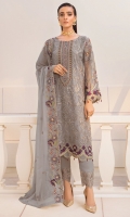 Embroidered chiffon front with sequence Embroidered chiffon back Embroidered chiffon sleeves Embroidered organza lace with pasting Embroidered organza ghera lace Embroidered chiffon dupatta – 2.50 Meter Raw Silk trouser – 2.5 Meter Embroidered organza trouser lace