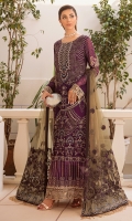 Embroidered chiffon front with sequence Embroidered chiffon back Embroidered chiffon sleeves Embroidered organza lace with pasting Embroidered organza ghera lace Embroidered net border patch for Maxi Embroidered net dupatta – 2.50 Meter Raw Silk trouser – 2.5 Meter Embroidered organza trouser lace