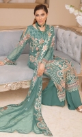 Embroidered chiffon front with sequence Embroidered chiffon back Embroidered chiffon sleeves Embroidered organza lace Embroidered organza ghera lace Embroidered chiffon dupatta – 2.50 Meter Raw Silk trouser – 2.5 Meter Embroidered organza trouser lace