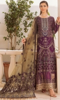 Embroidered chiffon front with sequence Embroidered chiffon back Embroidered chiffon sleeves Embroidered organza lace with pasting Embroidered organza ghera lace Embroidered net border patch for Maxi Embroidered net dupatta – 2.50 Meter Raw Silk trouser – 2.5 Meter Embroidered organza trouser lace