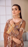 Embroidered chiffon front with sequence Embroidered chiffon back Embroidered chiffon sleeves Embroidered organza lace with Embroidered organza ghera lace Embroidered net dupatta – 2.50 Meter Raw Silk trouser – 2.5 Meter Embroidered organza trouser lace