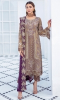 Embroidered Chiffon front with sequins  Embroidered Chiffon back Embroidered Chiffon sleeves  Embroidered organza sleeves lace Embroidered organza ghera lace Embroidered chiffon dupatta – 2.50 Meter  Raw silk trouser – 2.5 Meter  Embroidered organza trouser lace