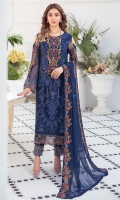 Embroidered Chiffon front with sequins  Embroidered Chiffon back Embroidered Chiffon sleeves  Embroidered organza sleeves lace Embroidered organza ghera lace Digital printed silk dupatta – 2.50 Meter  Raw silk trouser – 2.5 Meter  Embroidered organza trouser lace