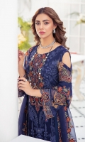 Embroidered Chiffon front with sequins  Embroidered Chiffon back Embroidered Chiffon sleeves  Embroidered organza sleeves lace Embroidered organza ghera lace Digital printed silk dupatta – 2.50 Meter  Raw silk trouser – 2.5 Meter  Embroidered organza trouser lace