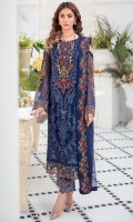 Embroidered Chiffon front with sequins  Embroidered Chiffon back Embroidered Chiffon sleeves  Embroidered organza sleeves lace Embroidered organza ghera lace Digital printed silk dupatta – 2.50 Meter  Raw silk trouser – 2.5 Meter  Embroidered organza trouser lace